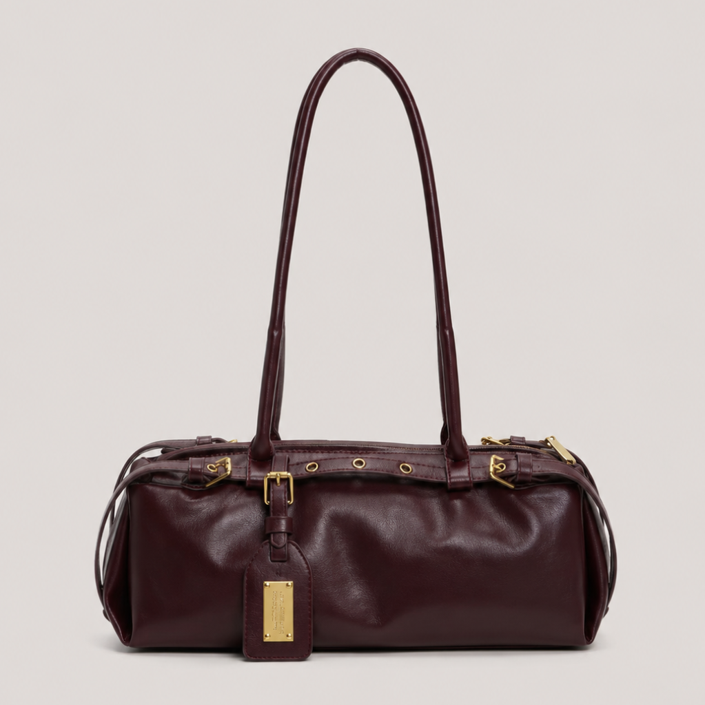 Women’s Structured Shoulder Handbag with Belt Detail and Zipper Closure