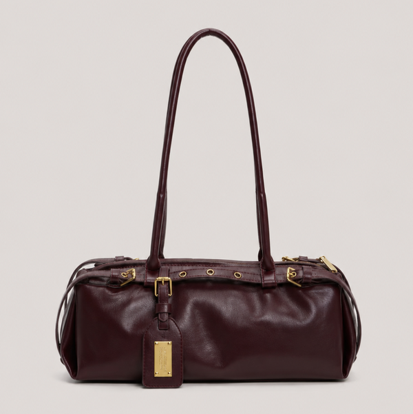 Women’s Structured Shoulder Handbag with Belt Detail and Zipper Closure